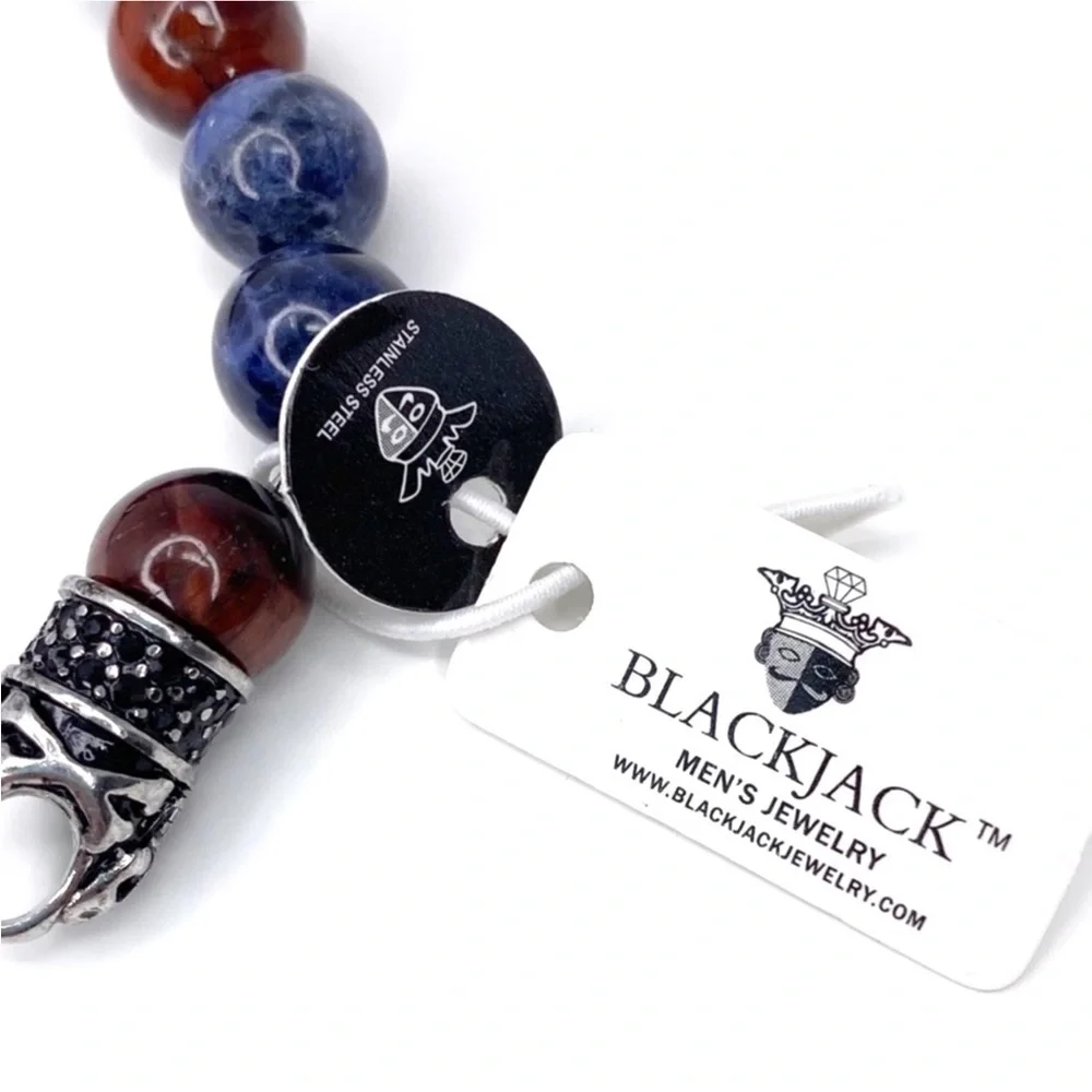 Blackjack Bracelet Beaded Sodalite & Red Tiger Eye Stainless Steel Skull New NWT